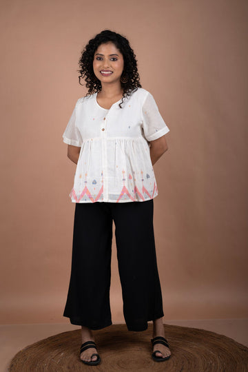 Off-White Jamdani Top – Scarce Red Motifs | Flared Silhouette